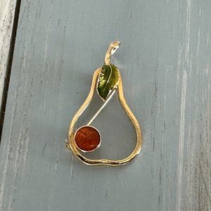 A Perfect Pear Vintage Gold Tone Brooch w Green Enamel & Amber Colored Cabochon